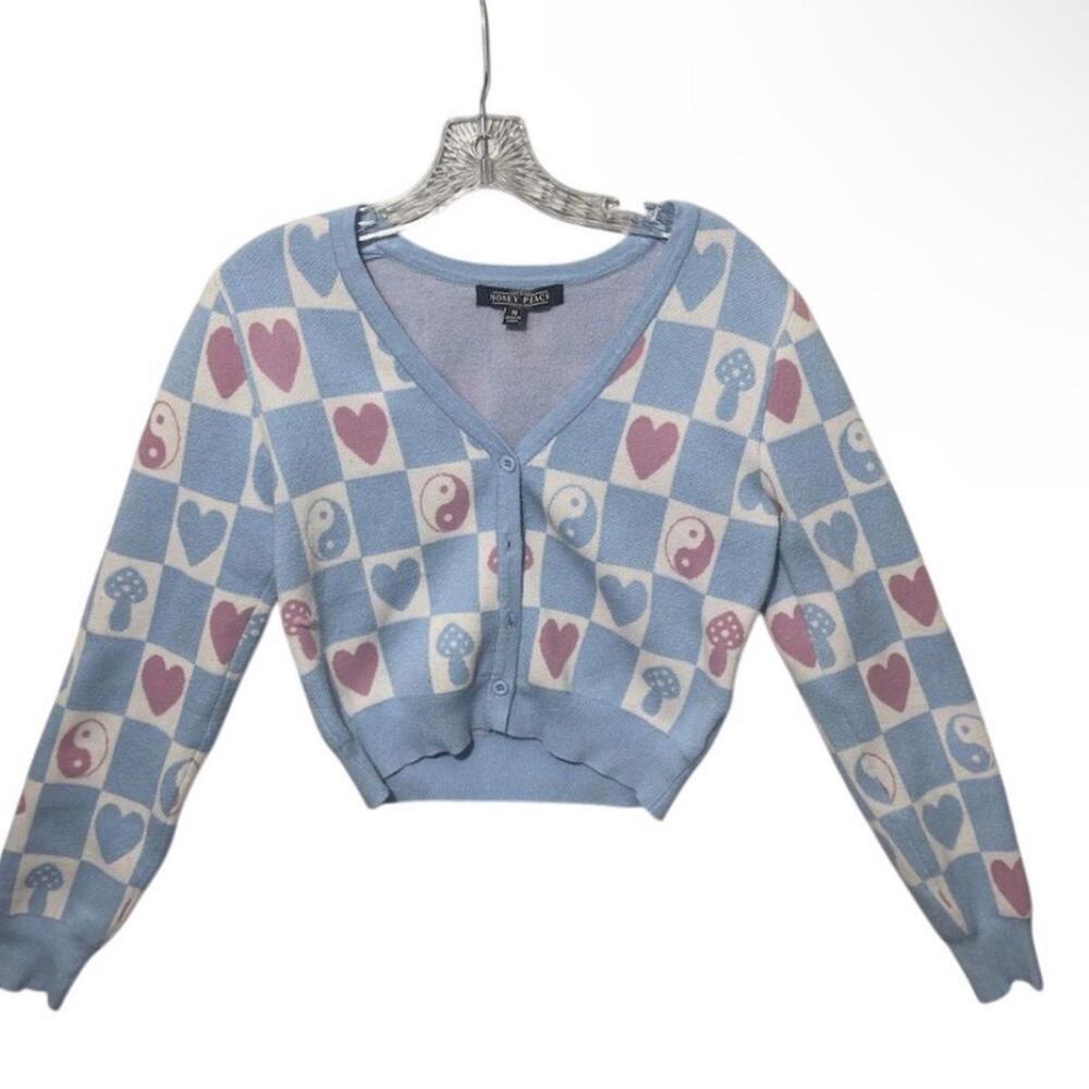 Rue 21 Women's Medium Blue Checkered Cardigan Cropped Button-Down Sweater
